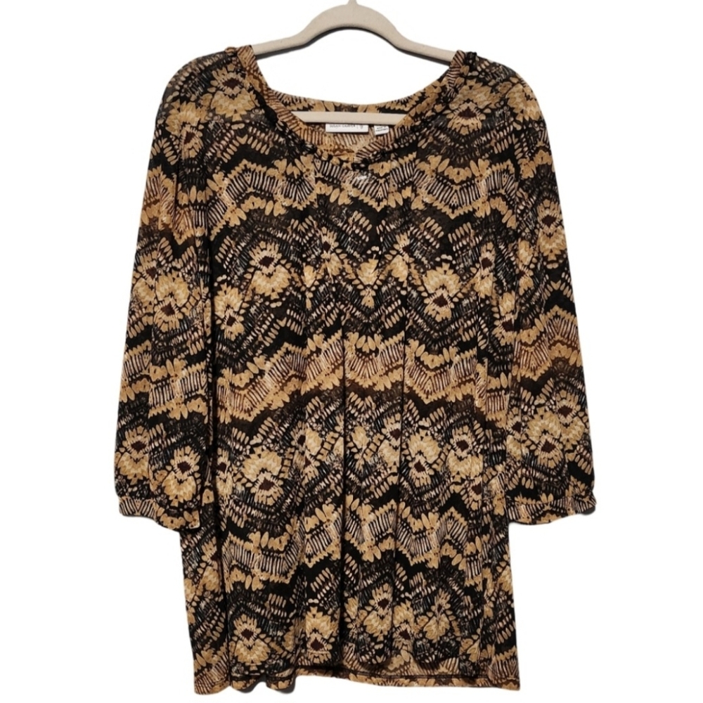 SUSAN GRAVER Abstract Print Blouse Womens Plus 1X Brown Black Sheer Tunic Top - Picture 2 of 14